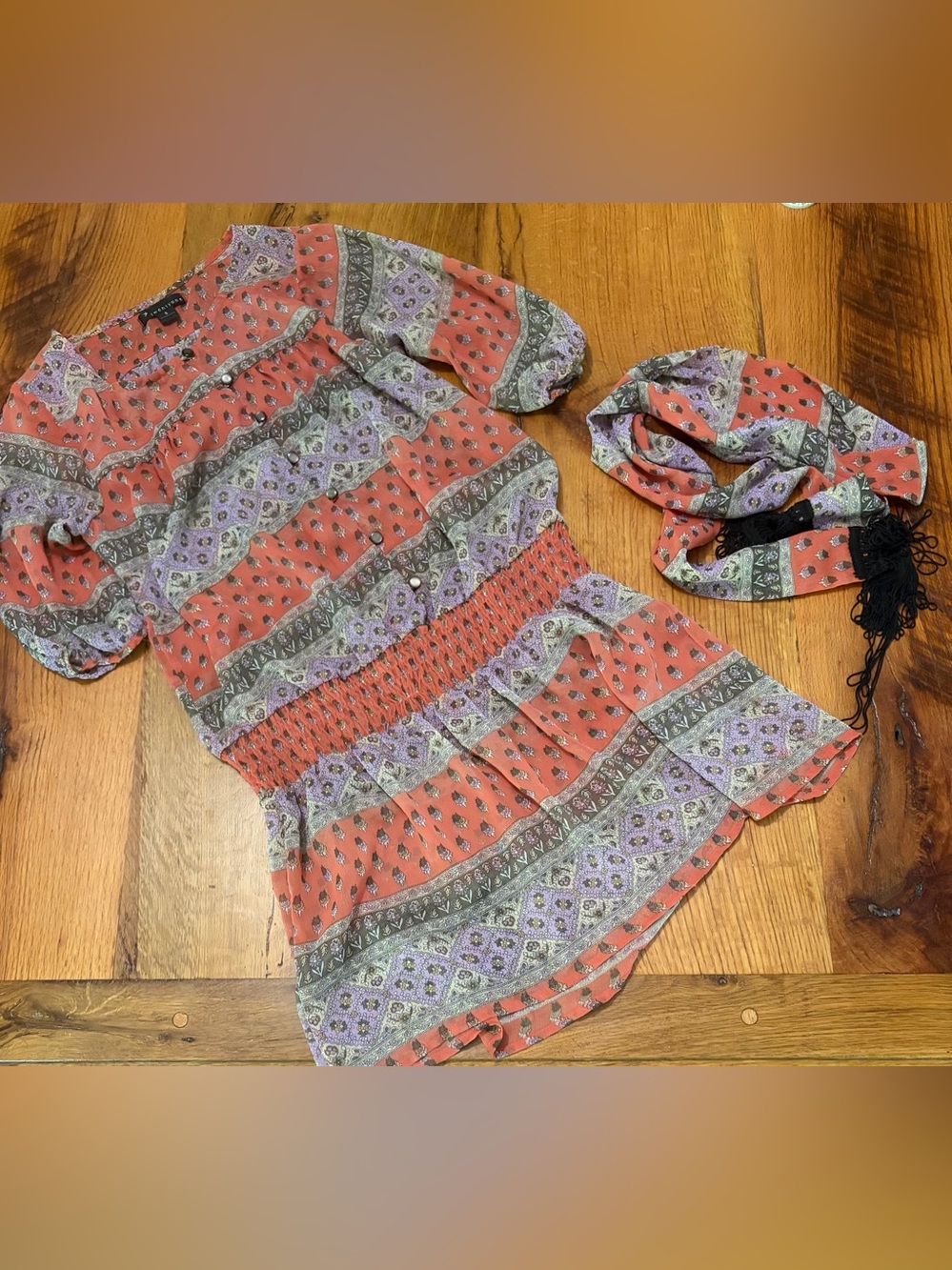 twentyone Boho Patchwork Orange and Lavender Shirt, Size Small